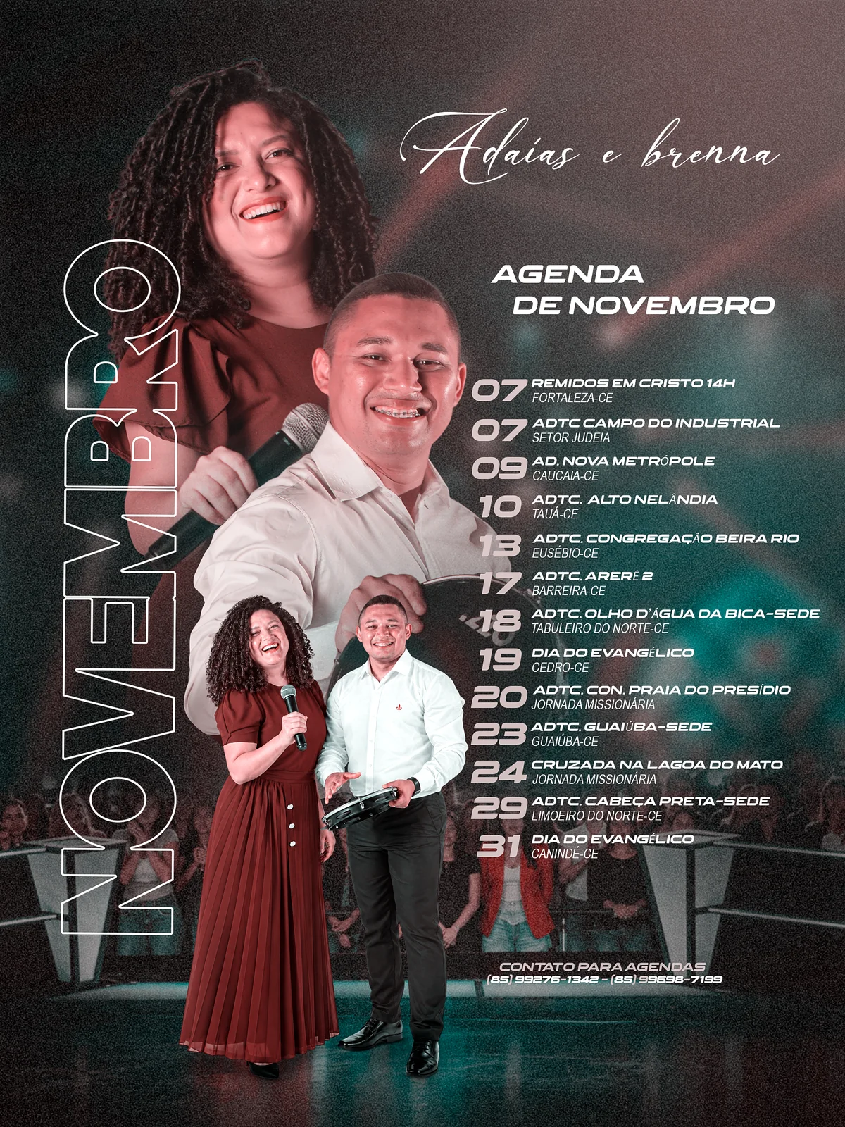 Arte de John Wellington: Agenda de novembro. Agenda de novembro com duas pessoas em destaque, lista de datas e locais de apresentações, em marrom e verde azulado.