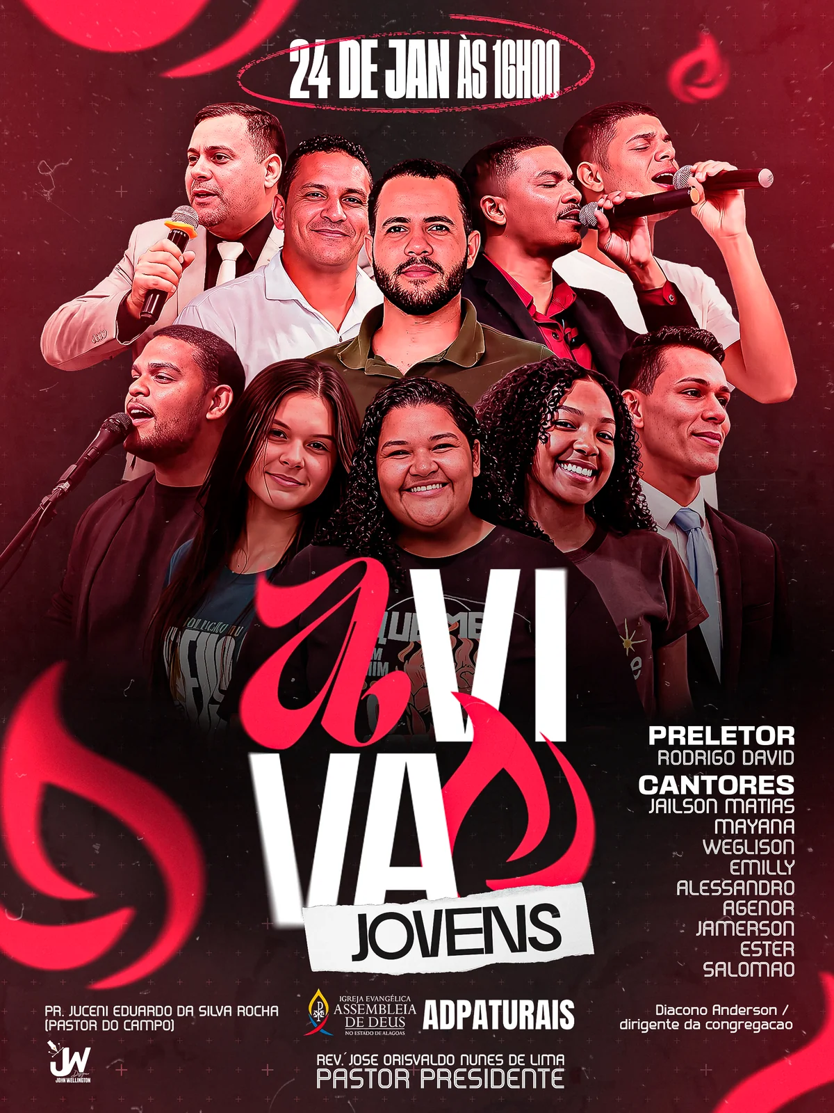 Arte de John Wellington: Aviva Jovens. Cartaz Aviva Jovens com grupo de participantes, letras vermelhas e brancas e fundo escuro.