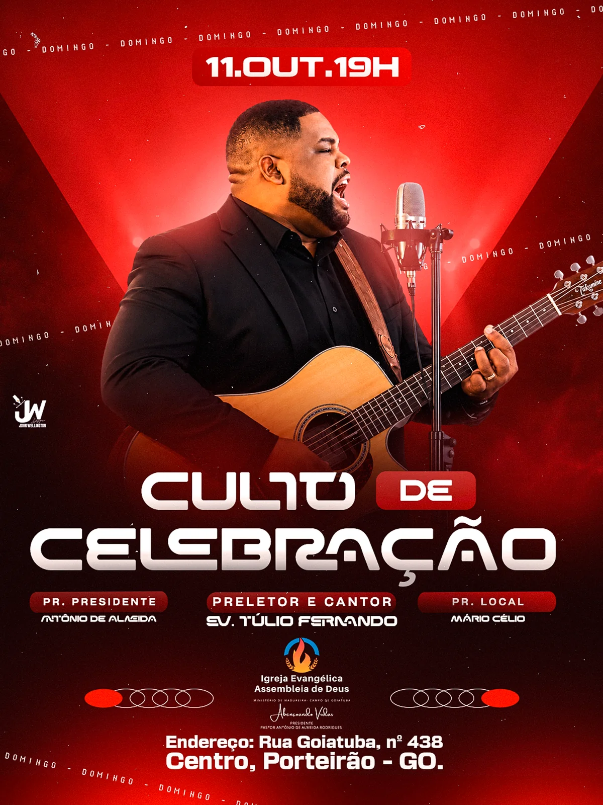 Arte de John Wellington: Culto de celebração. Cartaz de culto com fundo vermelho, cantor com violão e informações da celebração.