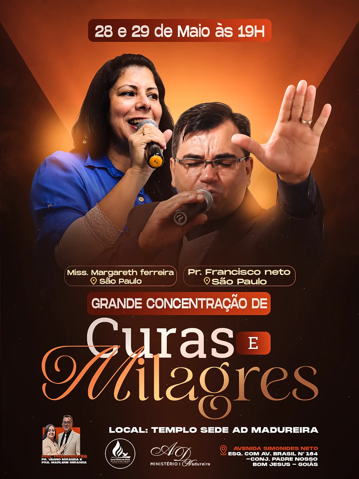 Arte de John Wellington: Curas e milagres. Cartaz laranja de concentração de curas e milagres, com dois participantes ao microfone.