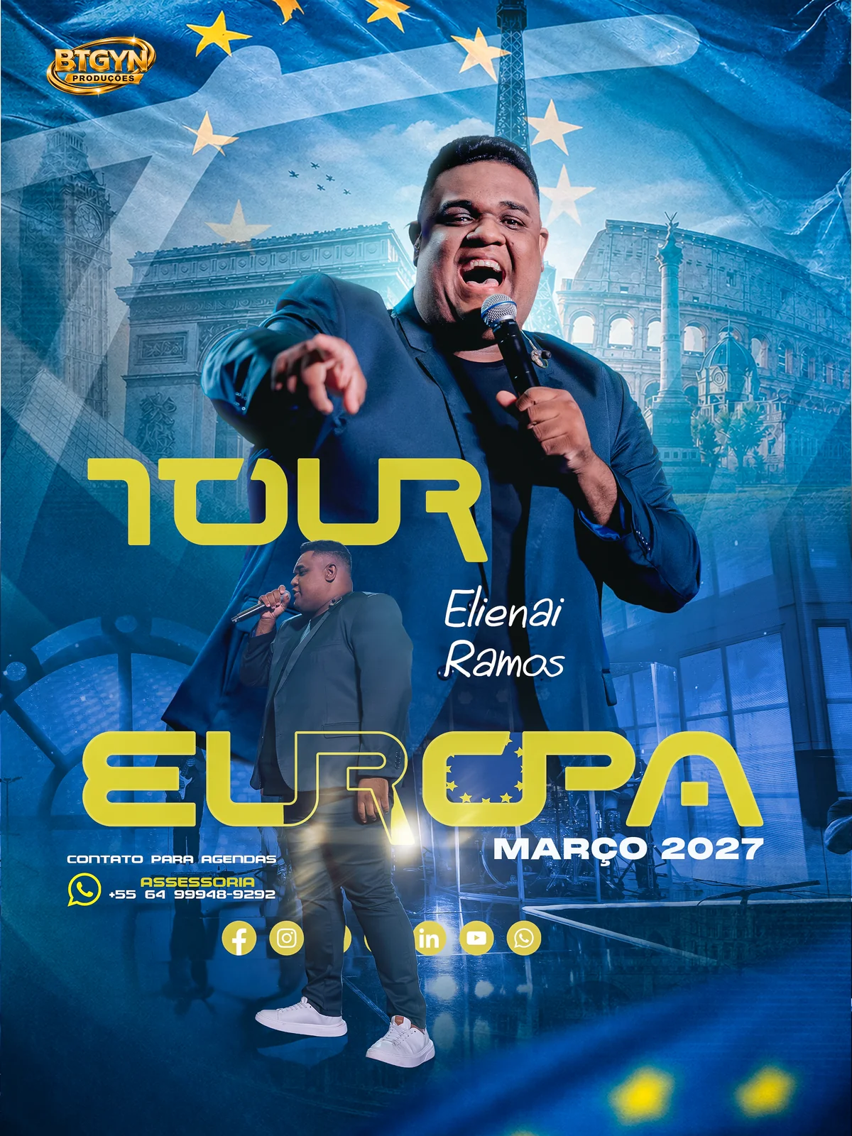 Arte de John Wellington: Tour Europa. Cartaz de turnê com colagem azul, referências à Europa e o título Tour Europa.