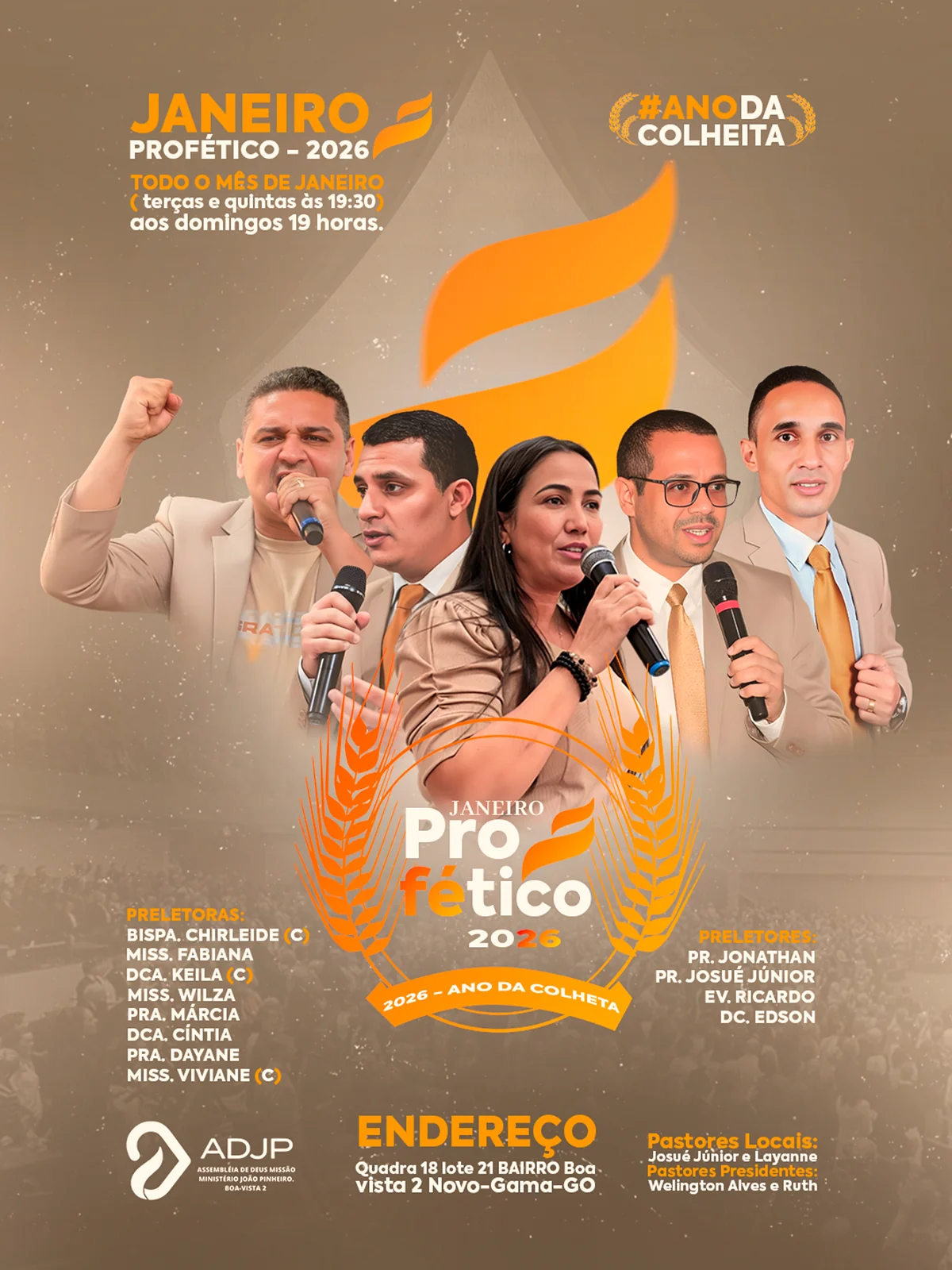Arte de John Wellington: Janeiro profético. Cartaz de Janeiro Profético em tons bege e laranja, com programação e participantes.