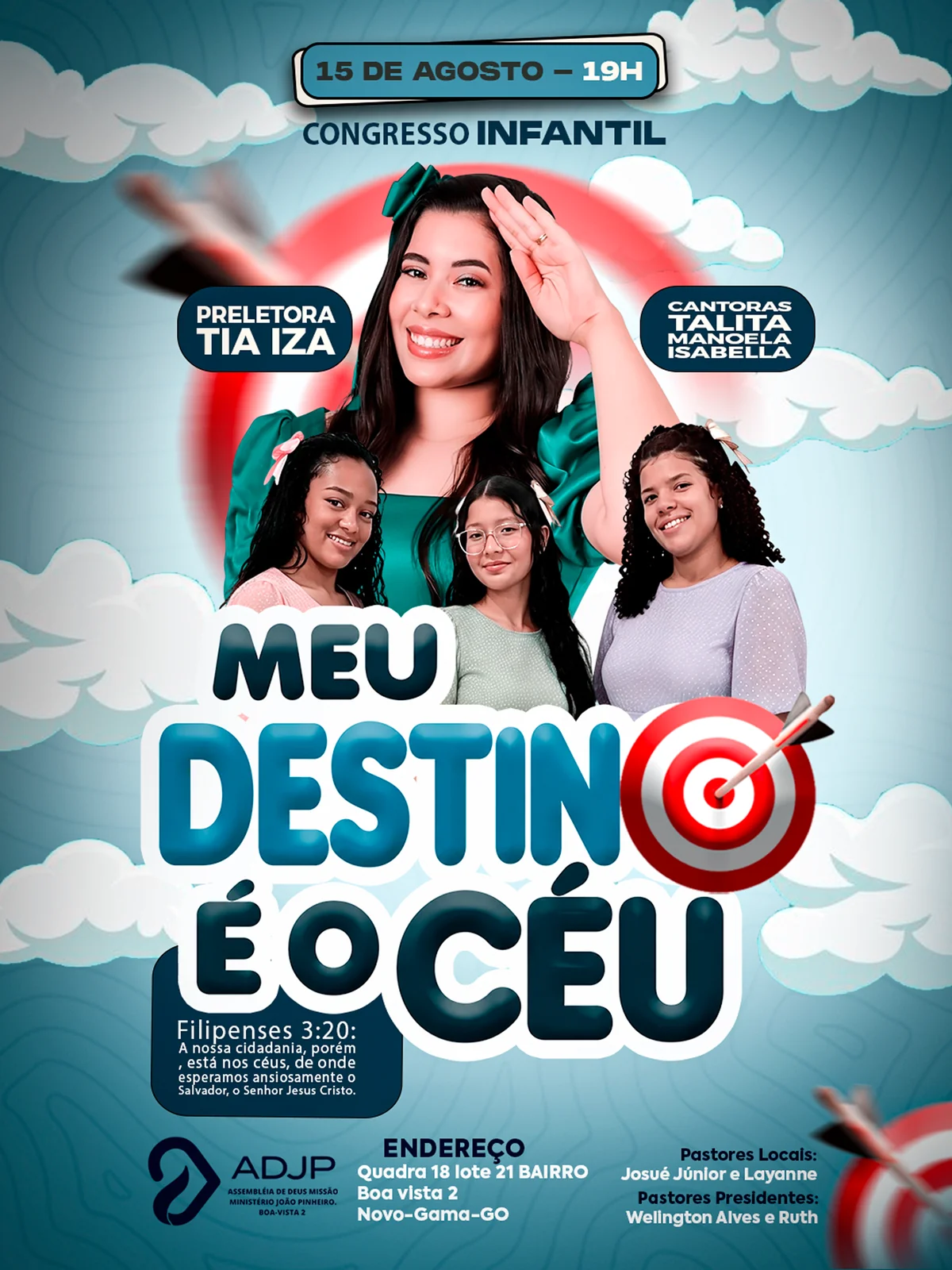 Arte de John Wellington: Meu destino é o céu. Cartaz azul de congresso infantil com crianças, nuvens e um alvo junto ao título Meu destino é o céu.