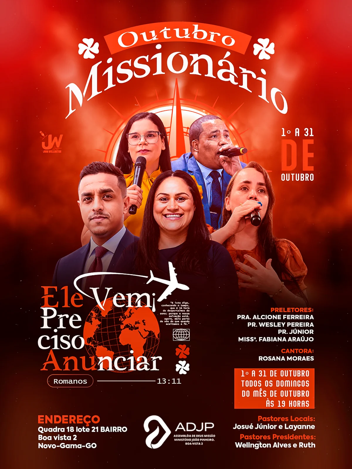 Arte de John Wellington: Outubro missionário. Ele vem, preciso anunciar. Cartaz de Outubro Missionário com luz vermelha e laranja, participantes e programação.