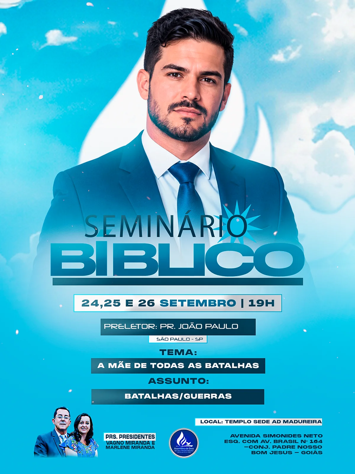Arte de John Wellington: Seminário bíblico. Cartaz de Seminário Bíblico com fundo azul, retrato do preletor e programação.